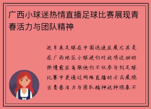 广西小球迷热情直播足球比赛展现青春活力与团队精神