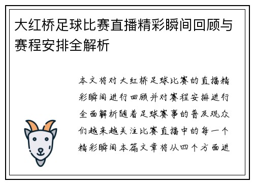 大红桥足球比赛直播精彩瞬间回顾与赛程安排全解析